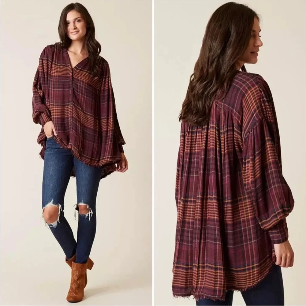 Free People Come On Over Plaid Tunic Swing Plaid Button Down XS Boho Fall